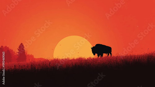 Bison Silhouette in Grassland at Golden Sunset