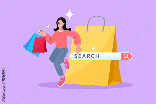 Online shopping search and digital retail concept. Happy woman carrying shopping bags and jumping near a search bar and large paper bag. Modern vector illustration for e-commerce marketing.