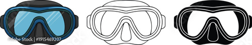 Scuba diving mask silhouette & Outline and illustration set isolated on transparent background