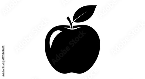 Black silhouette of a fresh apple with a leaf on a white background.