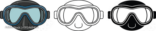 Scuba diving mask silhouette & Outline and illustration set isolated on transparent background