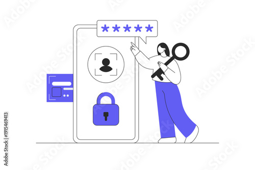 Personal data protection by biometric control. Facial recognition system by smart mobile phone to unlock and checking personal data. Flat Cartoon Vector Illustration, icon Stylish abstract design web