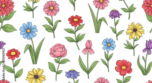 Colorful Floral Pattern on White.