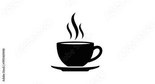 Black silhouette of a steaming hot coffee cup on a saucer.
