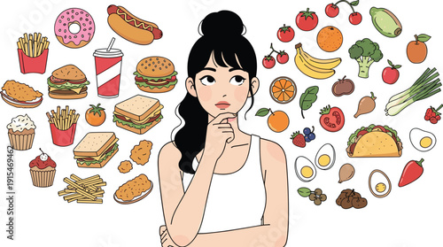 Woman choosing between healthy and junk food nutrition decision diet lifestyle flat vector illustration