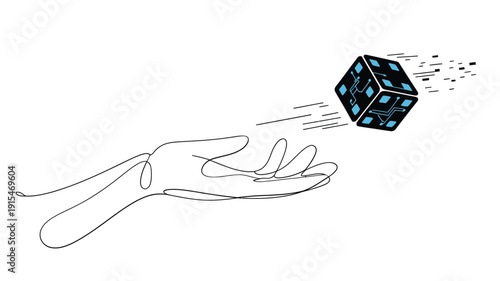 A hand releasing a blue exploding cube in a dynamic line art illustration