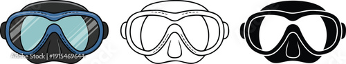 Scuba diving mask silhouette & Outline and illustration set isolated on transparent background
