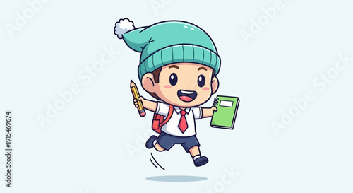 Joyful Elementary Student Character Leaping with Energy, Backpack Ready for Learning Adventures