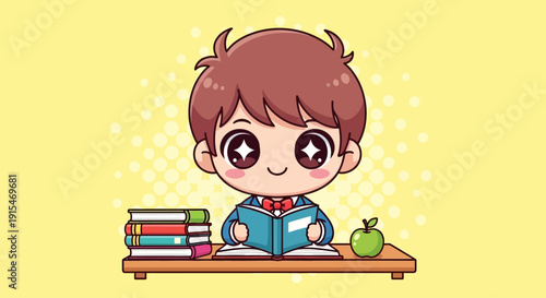 Cute anime boy studying with books and an apple on a yellow background, representing education and learning