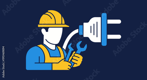 Electrician with tools and a large electrical plug.