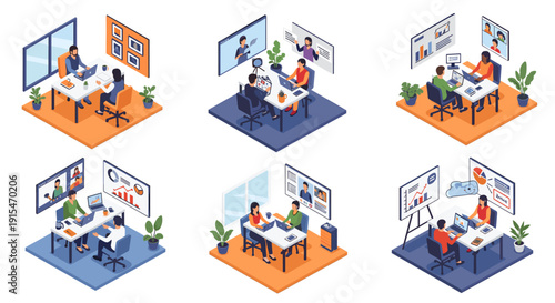 A professional participates in a virtual meeting, fostering teamwork and communication in a modern office setting.