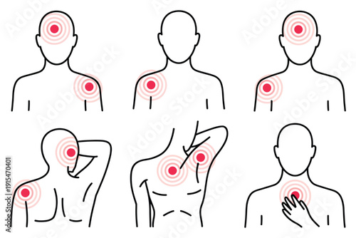 Diagram of human body showing common pain points and discomfort areas with red circles.