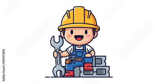 Happy construction worker with wrench, ready for building and fixing tasks with a smile