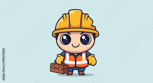 Cute construction worker character wearing a hard hat and safety vest holding a toolbox