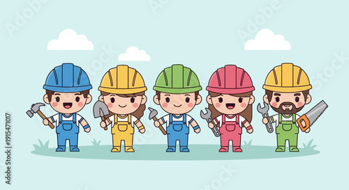 United workforce A charming team of diverse cartoon construction and industry workers in colorful hard hats, ready for various collaborative building projects