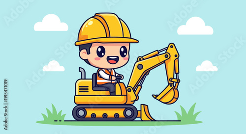 Cute cartoon excavator driver wearing a safety helmet and vest with a happy expression, ready for construction work