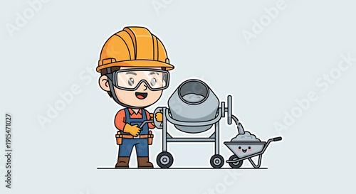 Diligent cartoon construction worker expertly operates a concrete mixer, blending materials for a strong foundation. Building dreams with precision, safety, and efficient work process