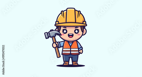 Cute construction worker character holding a hammer, cartoon style illustration