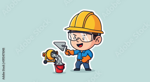Happy cartoon construction worker in safety gear mixing cement from a portable mixer with a trowel, diligently preparing for building tasks