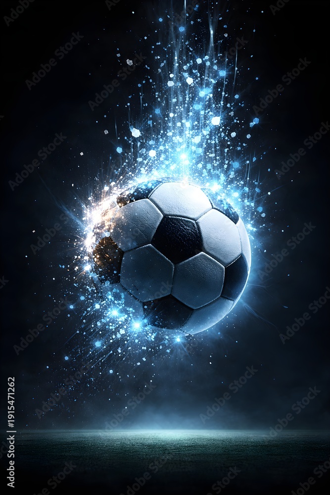Fototapeta premium Soccer ball exploding with cosmic energy and stardust in dark universe for championship victory and sports power concept