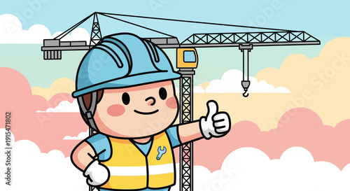 Friendly Cartoon Construction Worker Giving Thumbs Up Symbolizing Safety, Progress, and Success in Building Projects