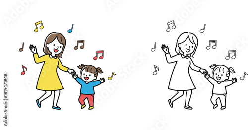 Cheerful Mother and Daughter Dancing Joyfully with Musical Notes