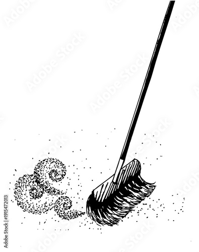 Ilustración vectorial editable estilo retro vintage escoba, escobillón barriendo suciedad