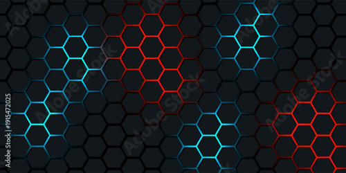 Dark red and blue hexagon abstract technology background with red and blue colored bright flashes under hexagon. Hexagonal gaming vector abstract tech background.