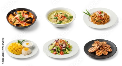 Wallpaper Mural Delicious Thai Food Assortment: Tom Yum, Green Curry, Pad Thai, Mango Sticky Rice, Salad, Grilled Shrimp Torontodigital.ca