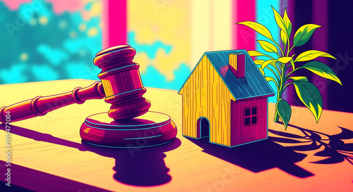 Vaporwave illustration of bamboo gavel and sustainable house model