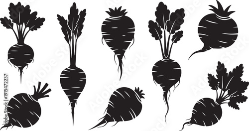Black Silhouettes of Beets with Leaves Isolated