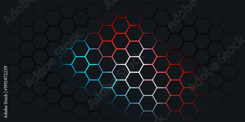 Dark red and blue hexagon abstract technology background with red and blue colored bright flashes under hexagon. Hexagonal gaming vector abstract tech background.
