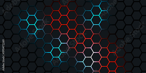 Dark red and blue hexagon abstract technology background with red and blue colored bright flashes under hexagon. Hexagonal gaming vector abstract tech background.