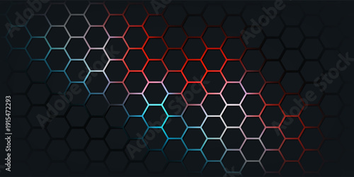 Dark red and blue hexagon abstract technology background with red and blue colored bright flashes under hexagon. Hexagonal gaming vector abstract tech background.