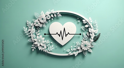 Heartbeat symbol with floral wreath on teal background