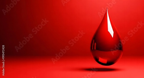 A single red teardrop shaped object on a red background with a light source reflection