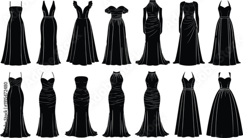 Black vector silhouette set of elegant evening gowns and formal gala dresses for fashion design red carpet events apparel branding and luxury lifestyle