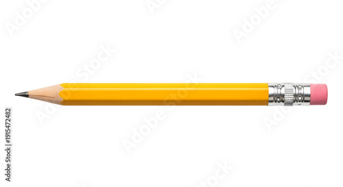 A yellow pencil with a pink eraser and silver ferrule isolated on transparent background