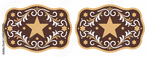 Sheriff Star Badge Rodeo Cowboy Belt Buckle with Wild West Cowboy Style and Decorative Floral Frame Vector Design.