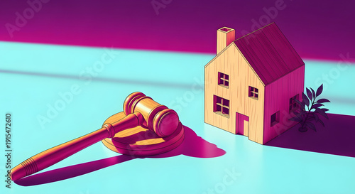 Vaporwave illustration of bamboo gavel and sustainable house model