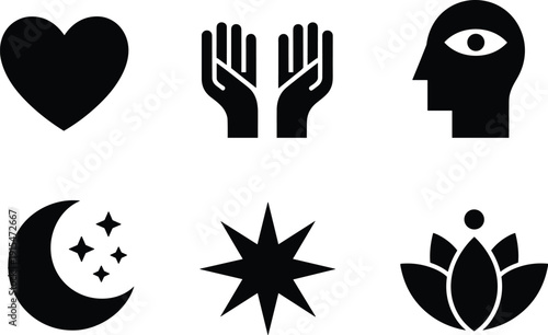 Black and white of heart hands head moon stars and lotus flower