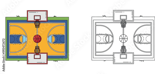 Top View Basketball Court Vector Illustration Set - Colored and Line Art Versions of Sports Court Plan with Hoops and Ball for Gaming, Design, and Sports Projects