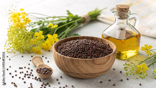 Brown Mustard Seeds with Mustard Oil in Wooden Bowl – Organic Spice Still Life Food Photography