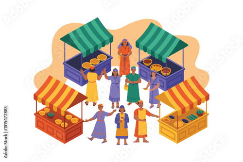 Vibrant marketplace scene with diverse people interacting at colorful stalls under striped awnings.