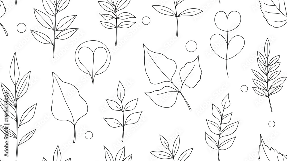 Fototapeta premium Seamless pattern composed of diverse hand-drawn outlined leaves and botanical branches with dotted accents, creating a delicate and organic natural background.