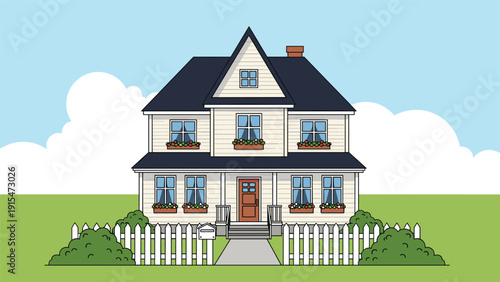 Classic two-story suburban house with a dark roof and beige siding, featuring a white picket fence and manicured bushes under a cloudy blue sky.