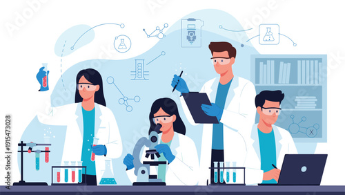 Diverse team of four dedicated scientists, two male and two female, collaboratively working in a modern laboratory, conducting experiments and making important discoveries.