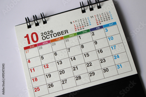 0ctober,Monthly calendar template for the new year 2026 desk calendar,isolated on white background.