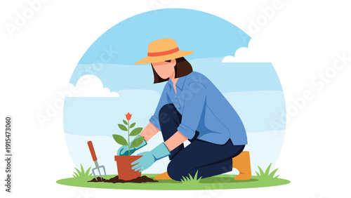 Young woman wearing a hat and gardening gloves, kneeling to plant a new seedling in a pot in her garden, surrounded by gardening tools under a sunny sky.