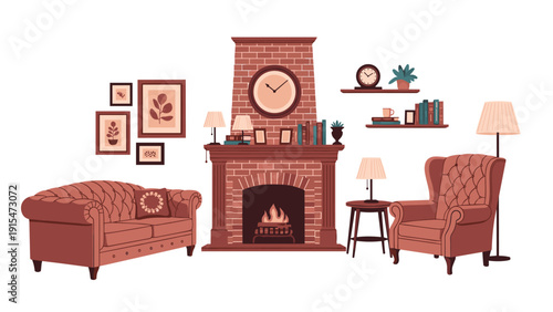 Cozy and inviting living room interior featuring a warm brick fireplace, comfortable sofa and armchair, lamps, and shelves adorned with books and decor.